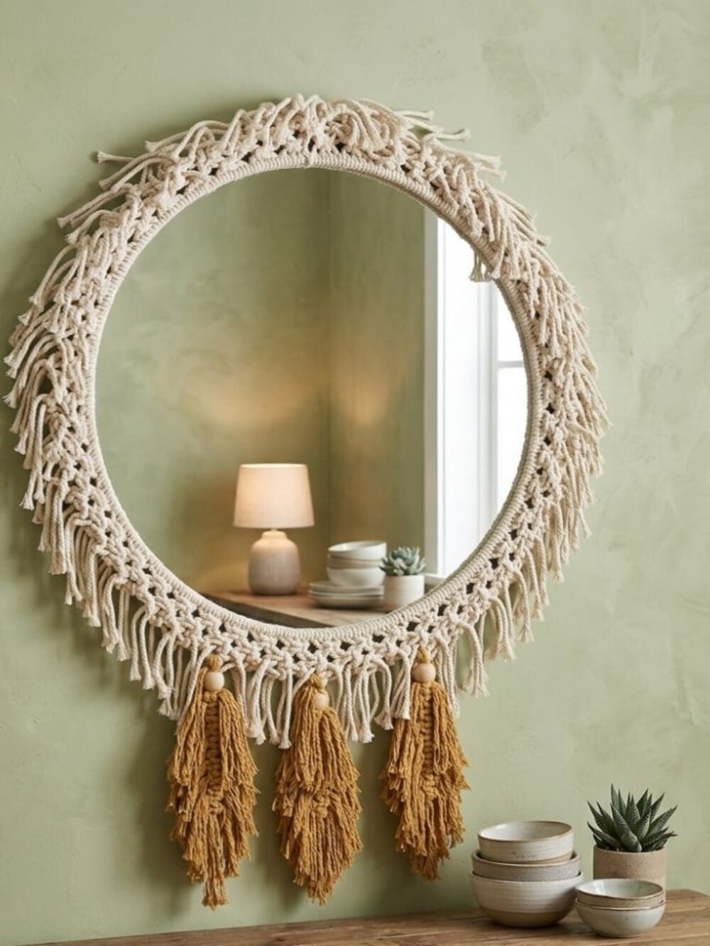 Handmade Macramé Round Wall Mirror - Cream